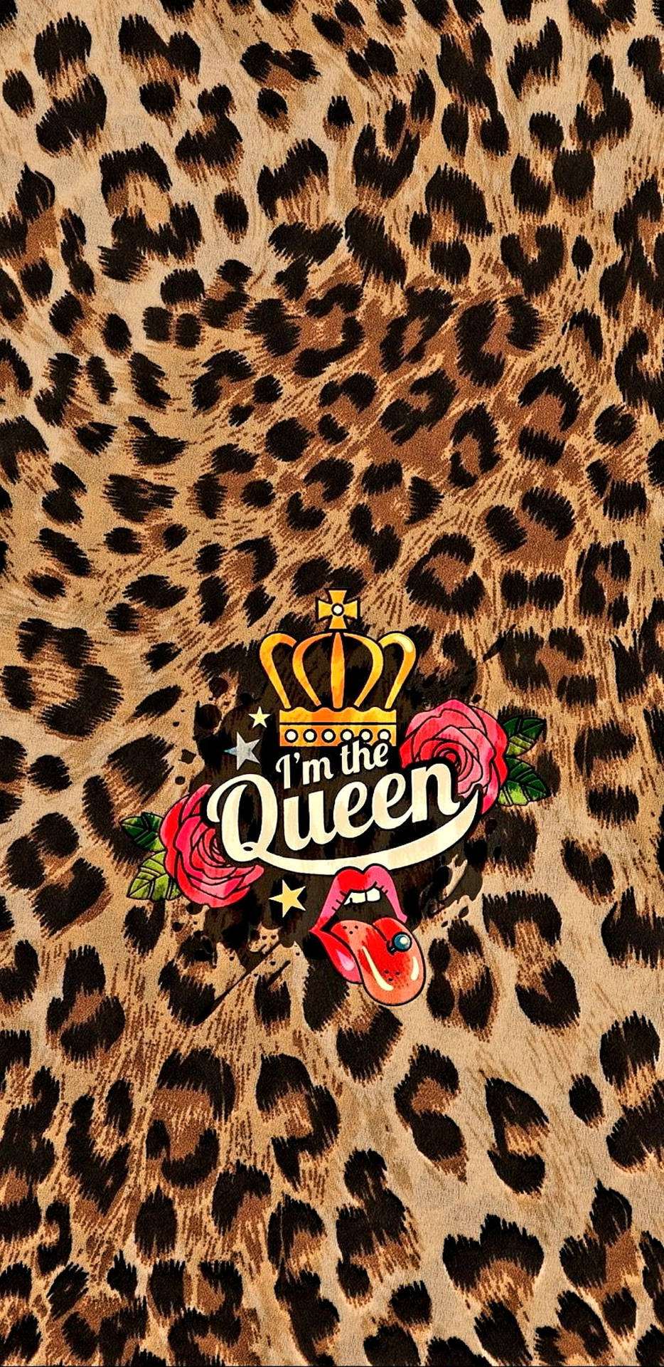 豹紋背景，配有皇冠、玫瑰和舌頭標誌，寫著「I'm the Queen」。