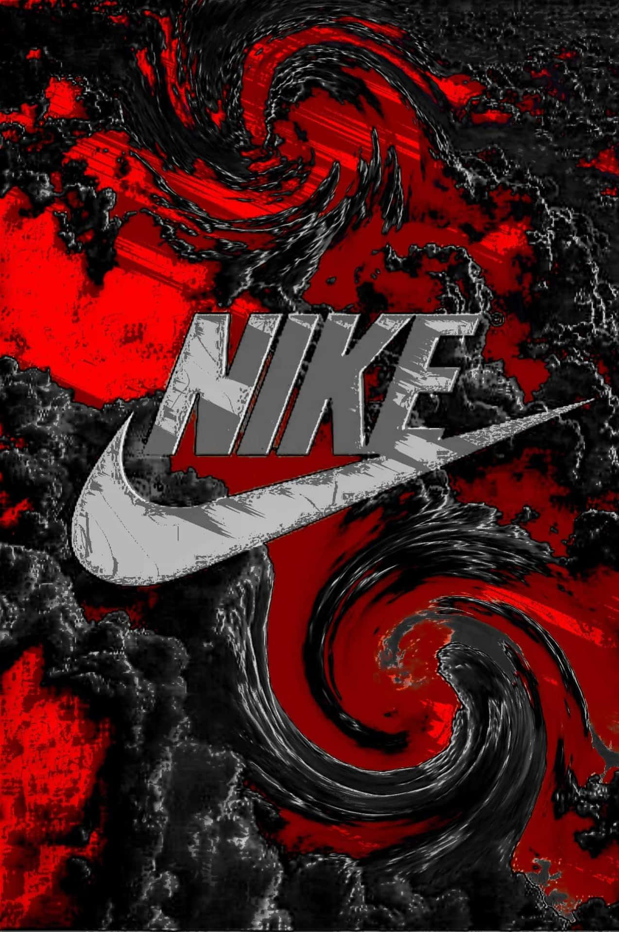 經典Swoosh標誌對比絢麗日落背景 壁紙 — 一個大膽的Nike標誌在風化銀色中，在紅色和黑色抽象紋理的動態漩渦中脫穎而出。