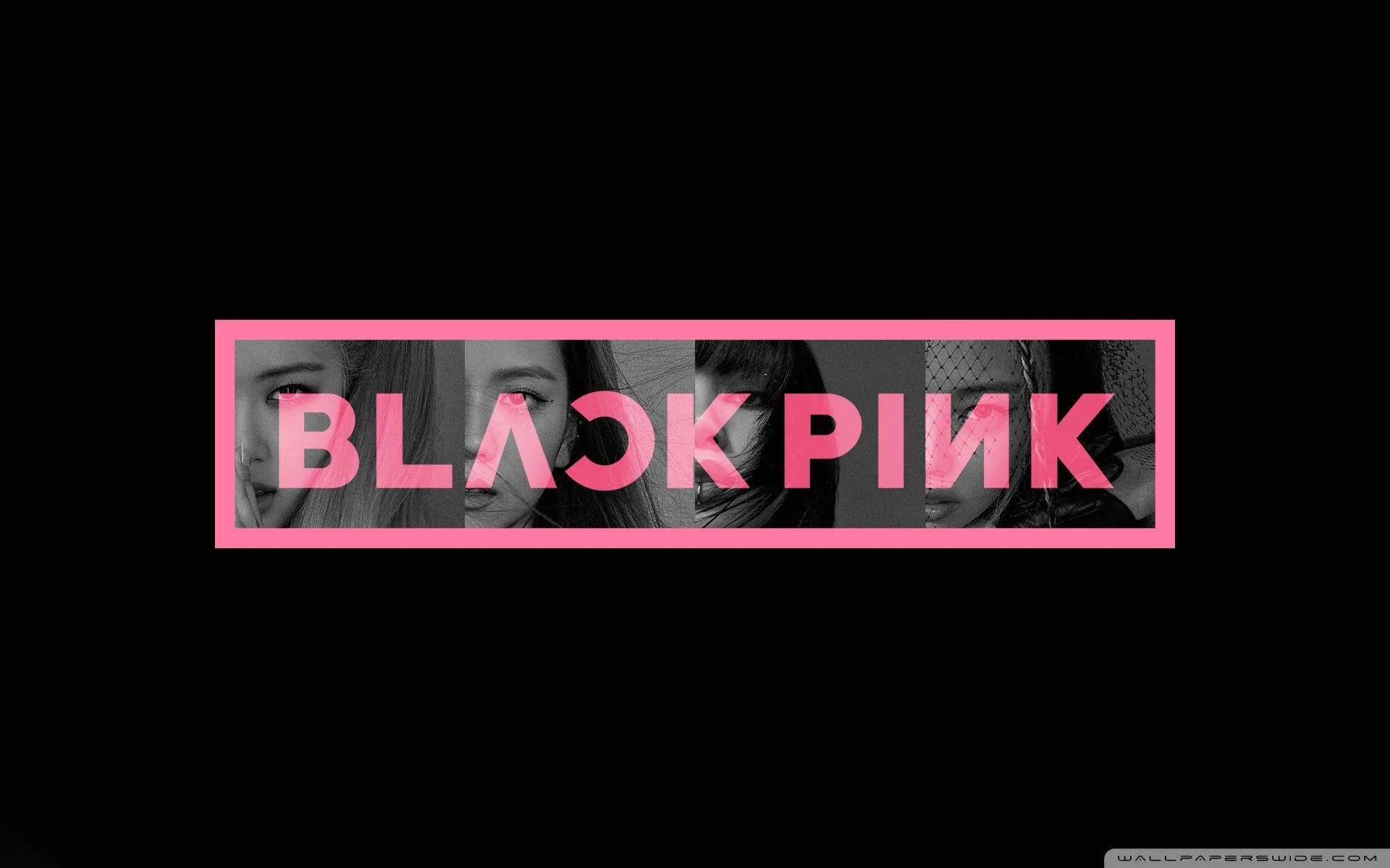 Blackpink標誌，粉紅色框架內有面孔，黑色背景
