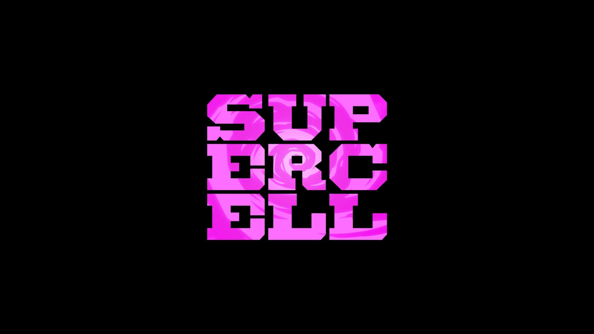  壁紙 — 大膽的粉紅色大理石紋文字拼出 Supercell，在純黑色背景上脫穎而出。