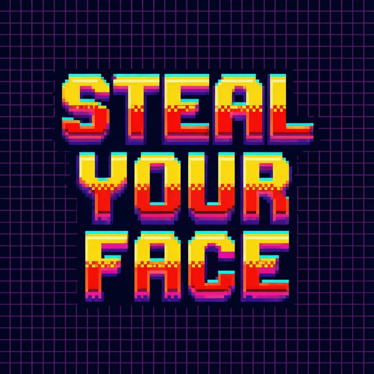 Steal Your Face 桌布 壁紙 — 粗體像素文字在深紫色網格背景上以鮮豔的霓虹色彩顯示「steal your face」。