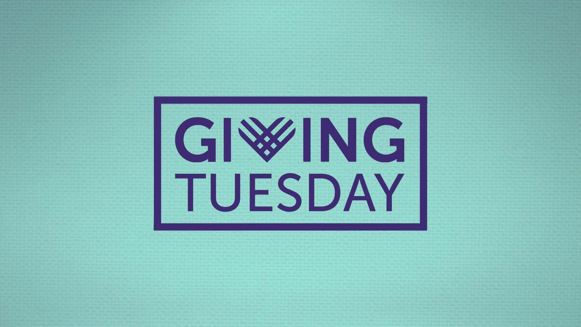 壁紙 — 一個大膽的紫色 Giving Tuesday 標誌，以編織心形取代 'O'，置於有紋理的青綠色背景上。