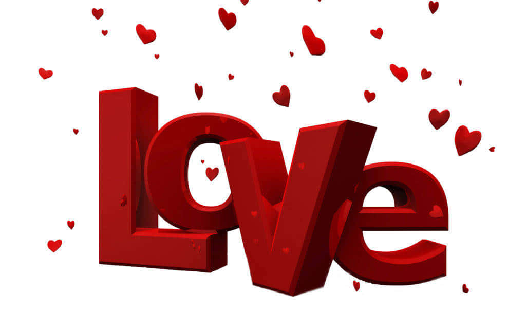  壁紙 — 粗體紅色3D字母拼出love，周圍環繞著漂浮的心形，背景為白色。