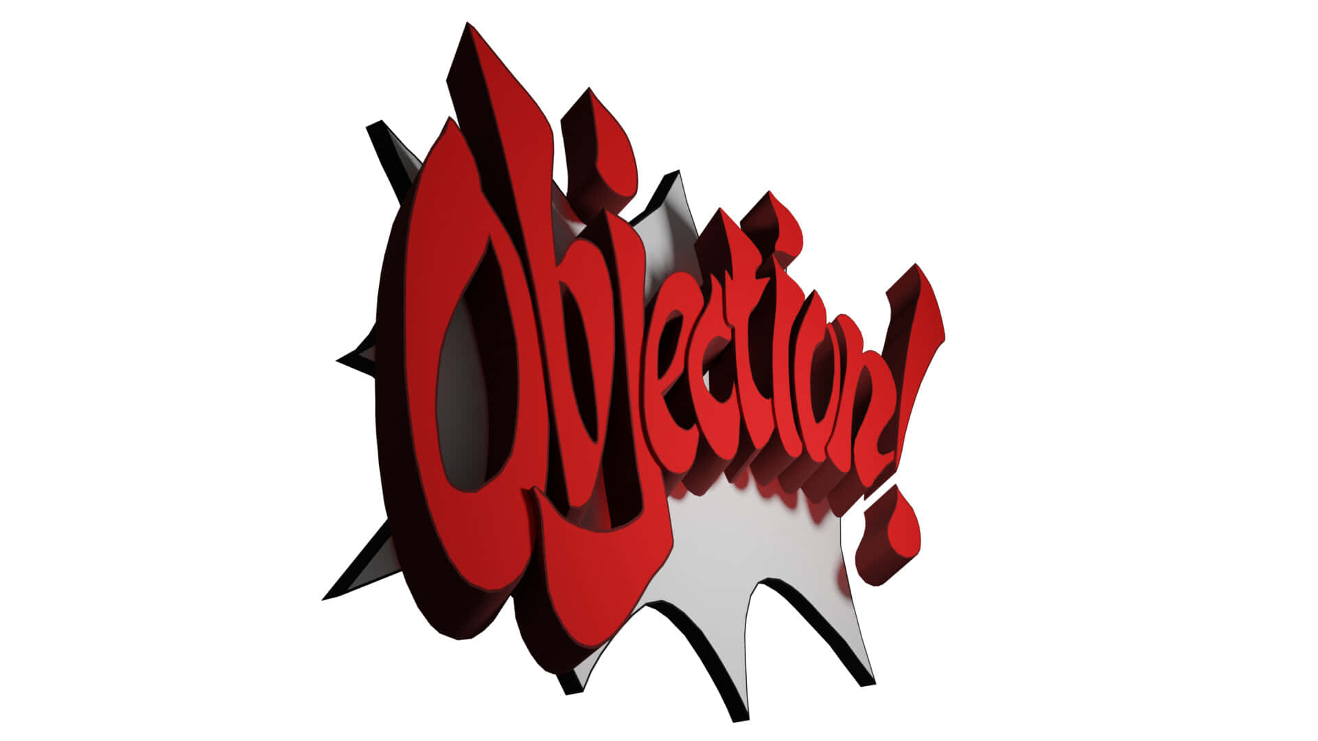  壁紙 — 大膽的紅色3D文字拼出「Objection!」，從銀色漫畫風格對話氣泡中迸出，背景為白色。