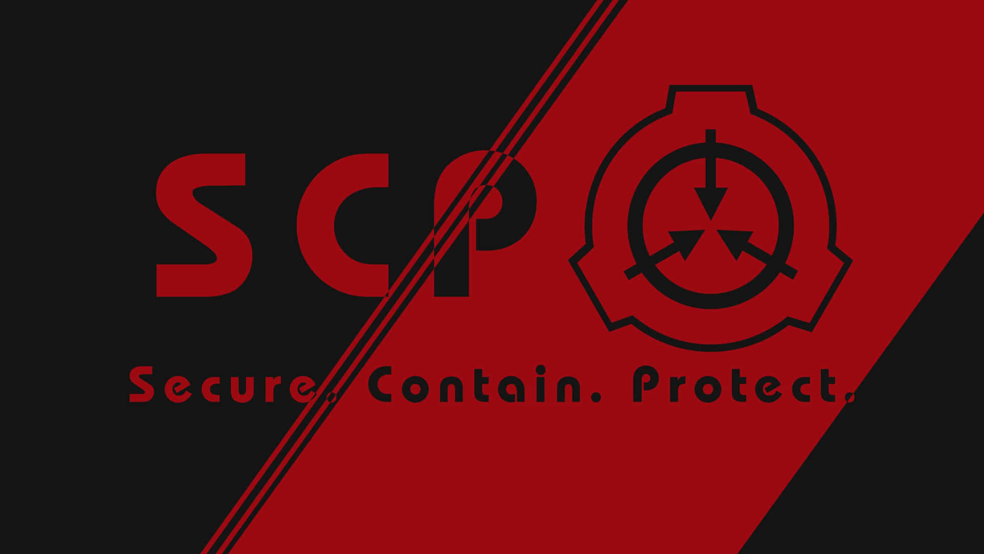 SCP基金會標誌，紅黑斜角分割背景和格言。