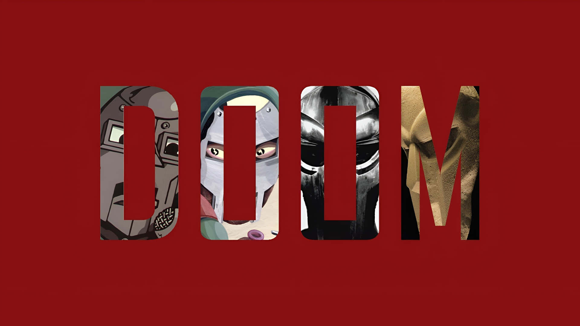  壁紙 — 大膽的紅色背景上顯示「DOOM」一詞，每個字母都揭示出不同的威脅性角色面孔。