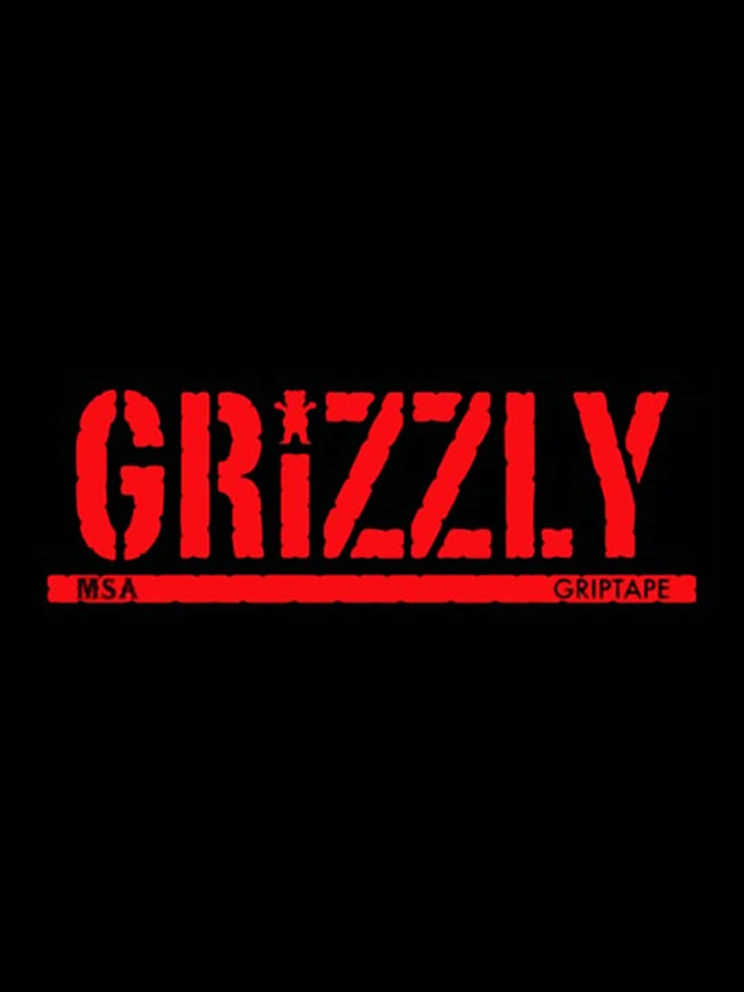  壁紙 — 黑色背景上粗體紅色磨損GRIZZLY文字，附有MSA和Griptape副文字。