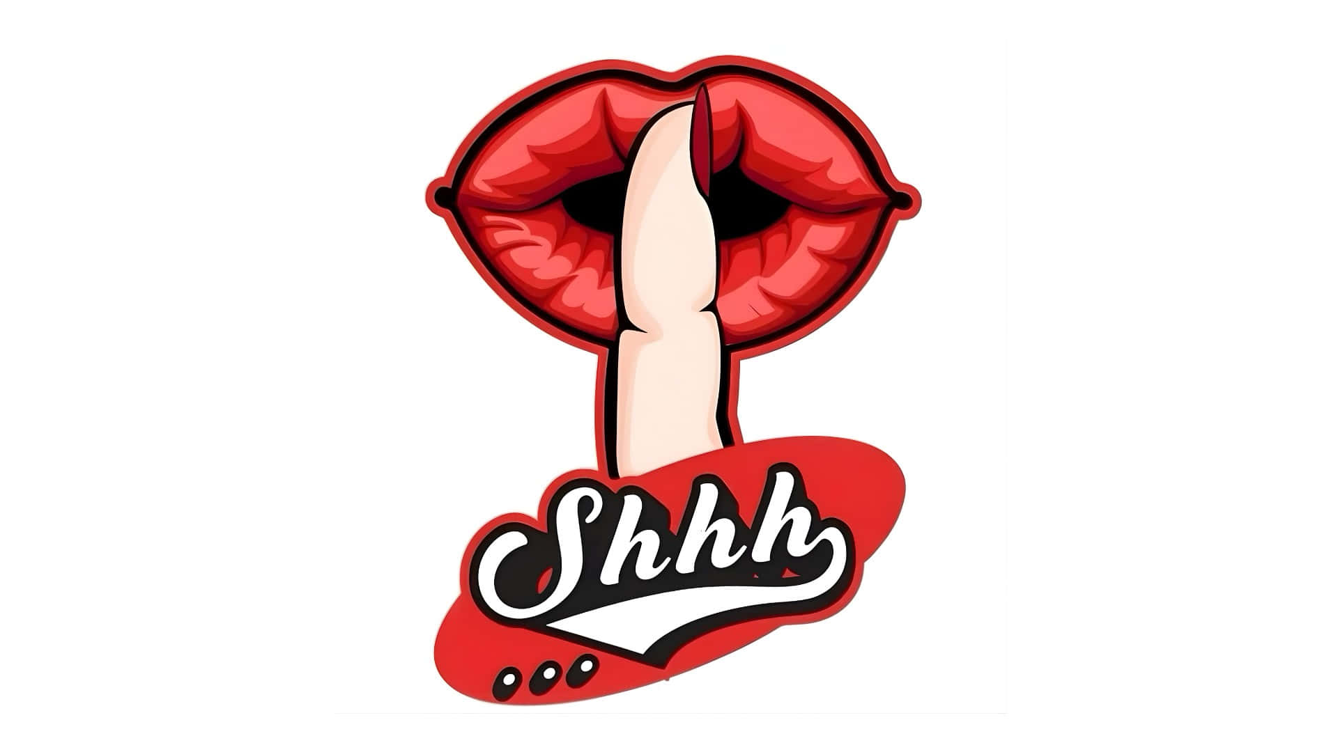  壁紙 — 大膽的紅唇，手指按在嘴上，上方是風格化的「Shhh」文字，採用復古圖形設計。