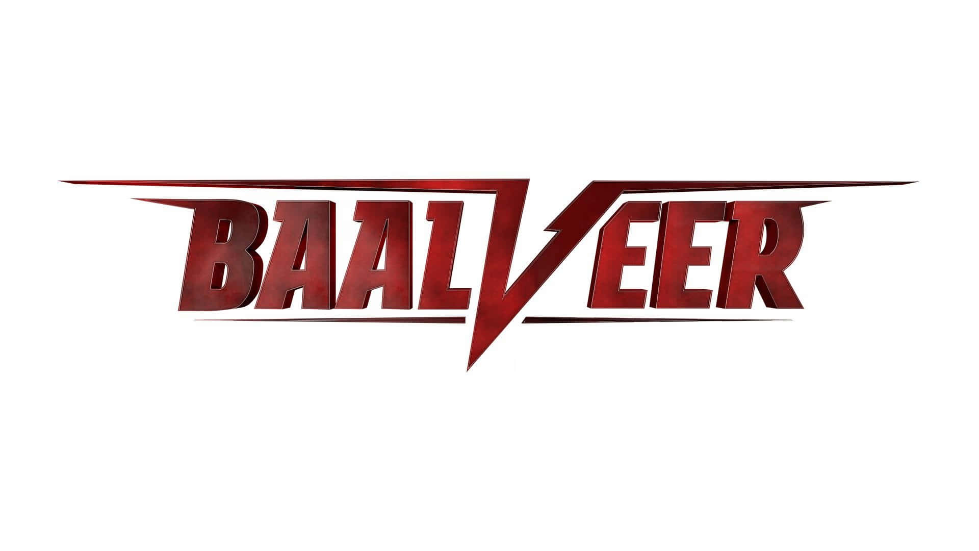  壁紙 — 大膽的紅色金屬 'BAALVEER' 標誌，採用銳利的角度設計和動態斜線，配以白色背景。