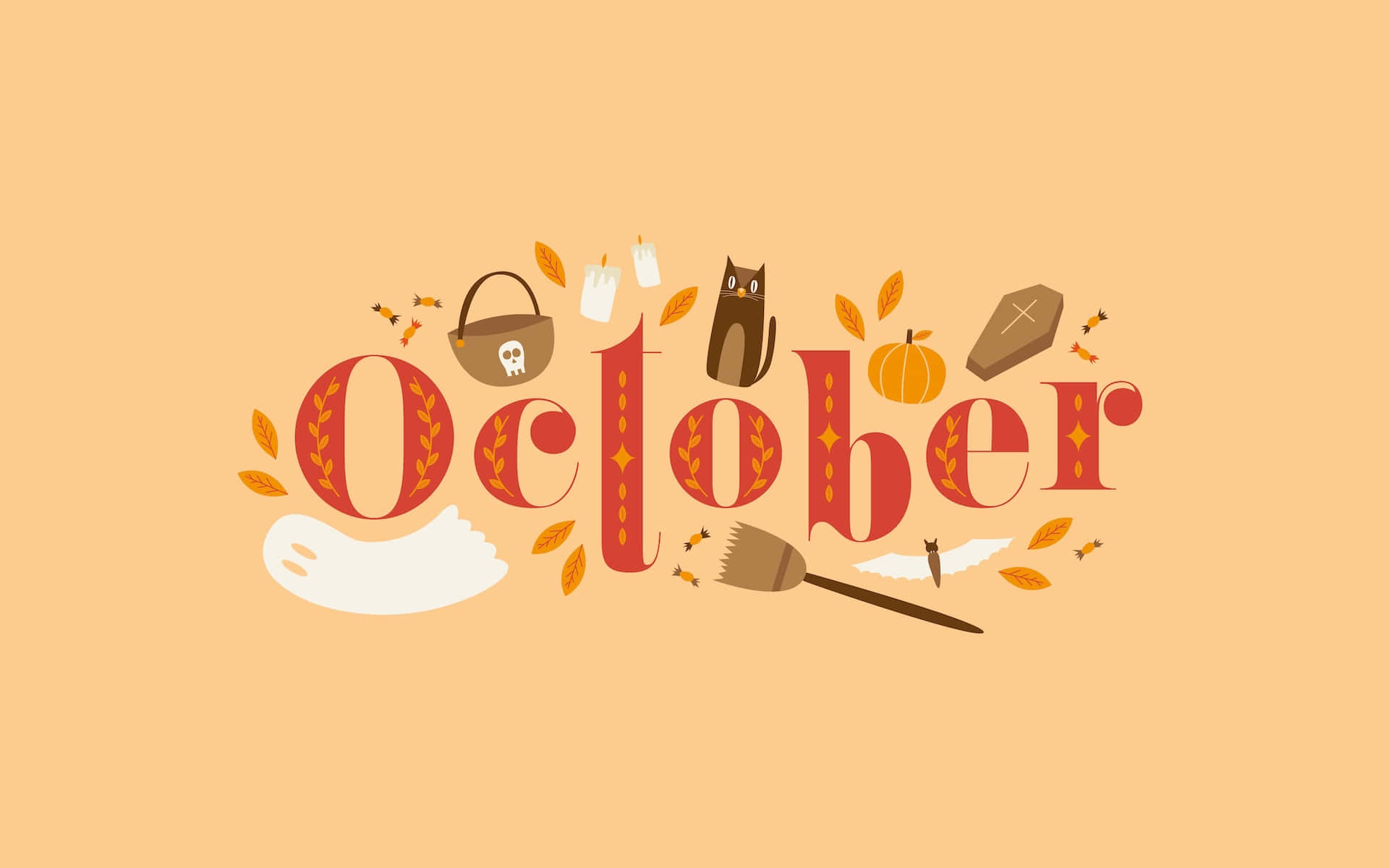 October Desktop 桌布 壁紙 — 大膽的紅色十月字體，周圍環繞著南瓜、幽靈和貓咪等萬聖節圖標，背景為溫暖的蜜桃色。