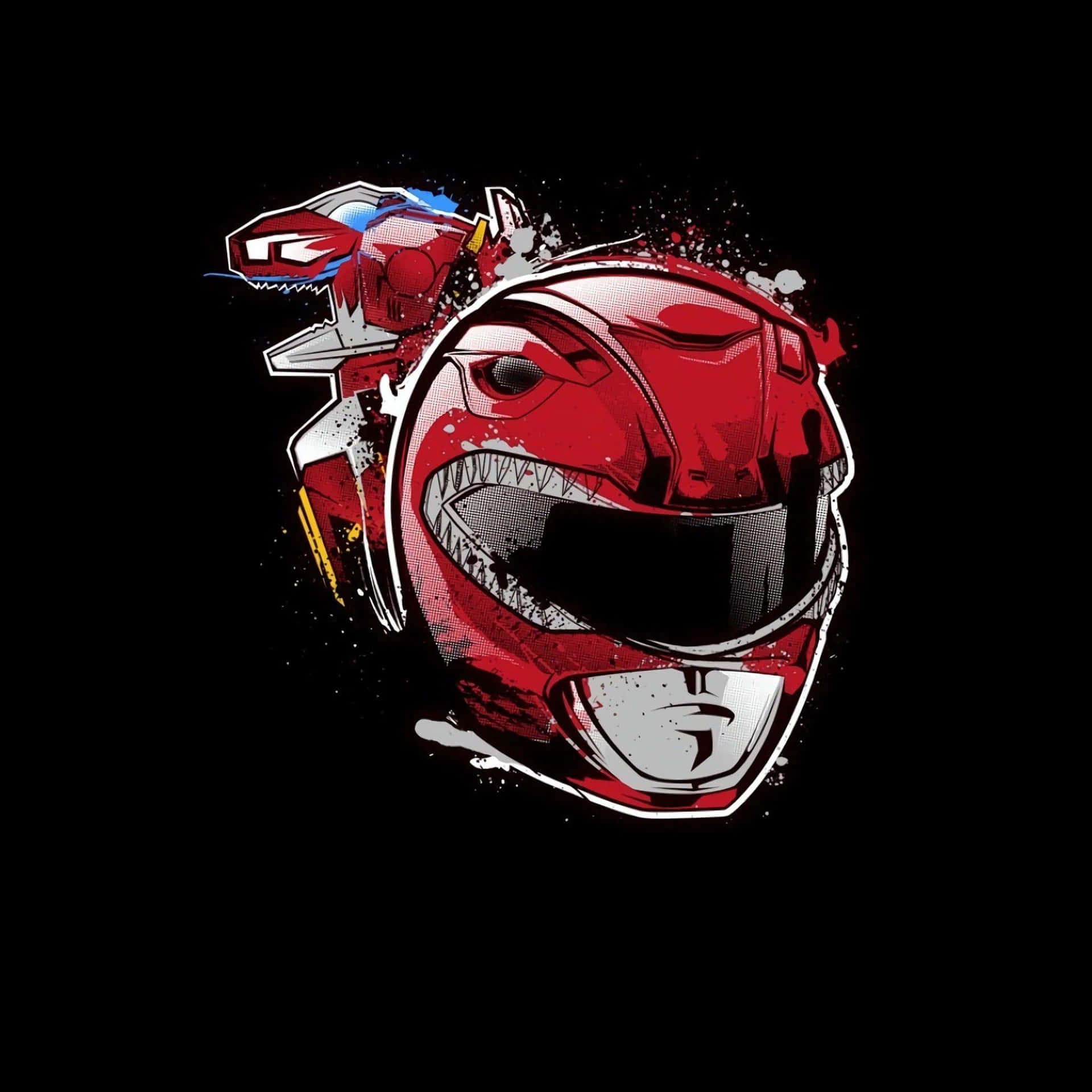  壁紙 — 一個大膽的紅色Power Ranger頭盔，帶有恐龍圖案，在純黑背景上動態爆發。