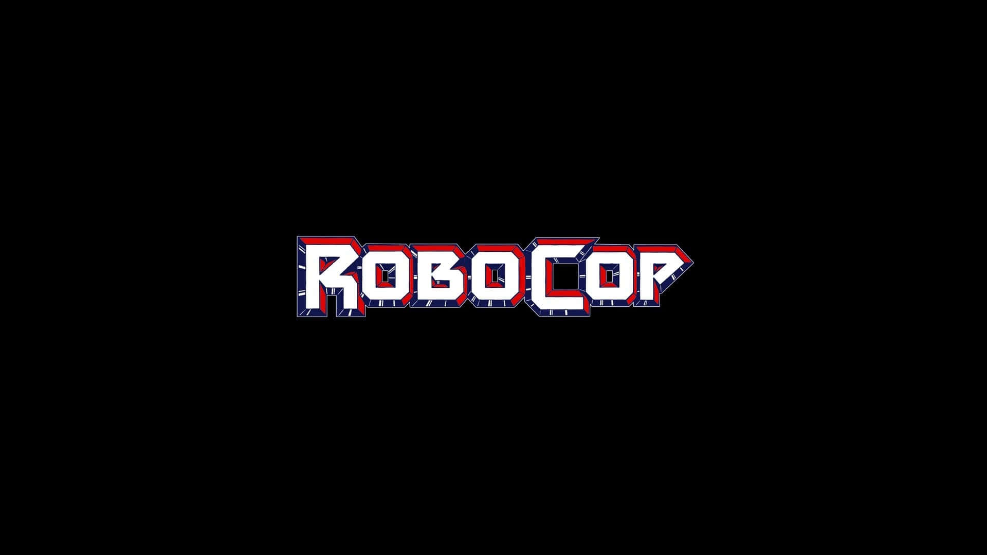  壁紙 — 大膽的紅、白、藍 RoboCop 標誌居中於簡潔的黑色背景上，帶有銳利的幾何邊緣。