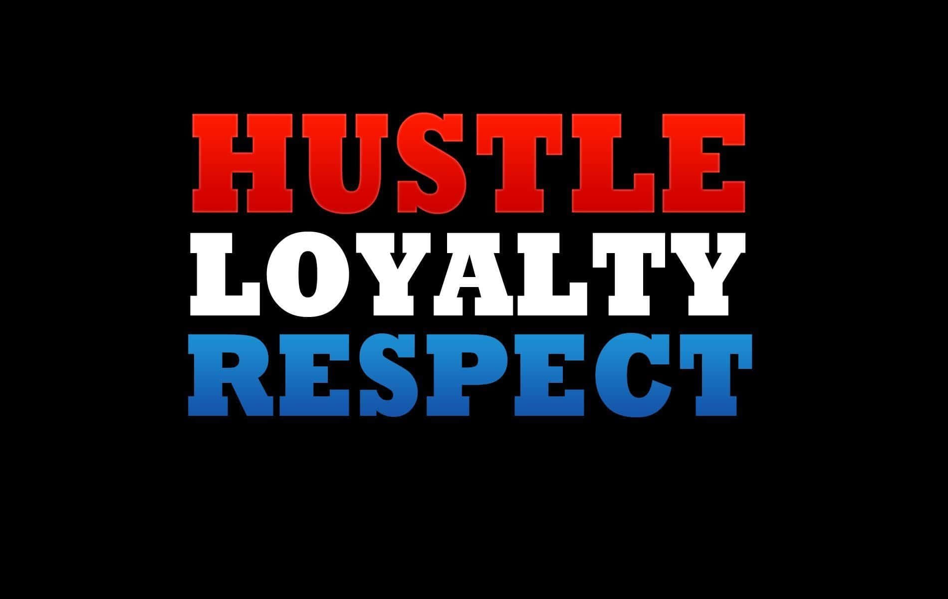  壁紙 — 在黑色背景上，以粗體紅、白、藍色拼寫出 hustle loyalty respect 的文字。