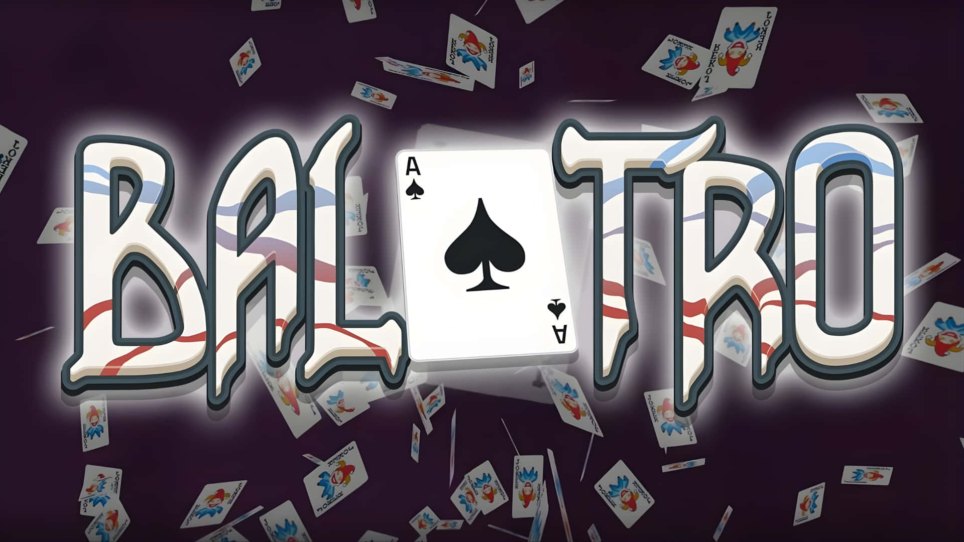  壁紙 — 粗體風格文字 BAL TRO，黑桃 A 置中於漂浮的啤牌之間，背景為深紫色。