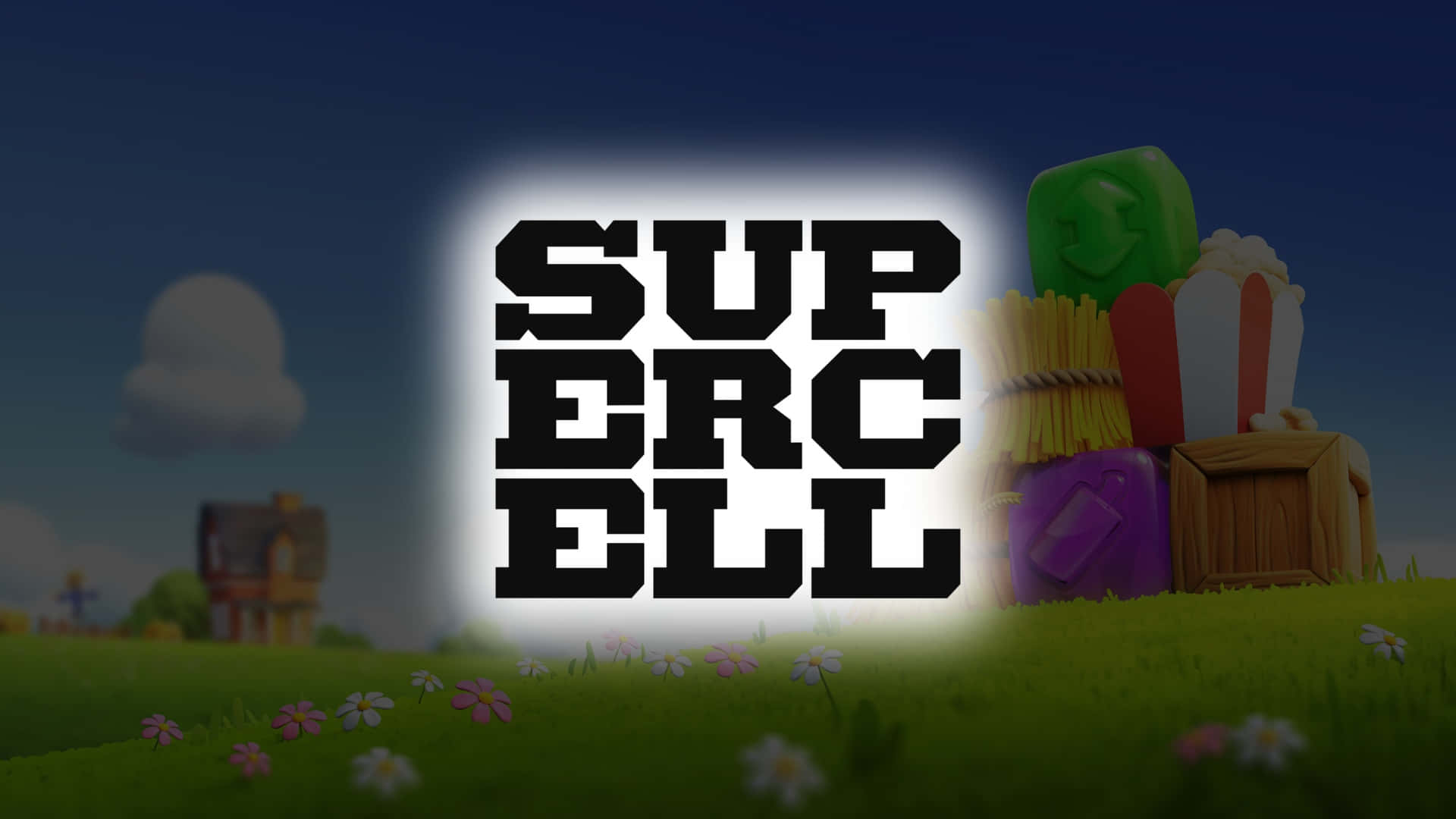  壁紙 — 大膽的Supercell標誌在暮色草地上發光，周圍有卡通房屋和色彩繽紛的零食盒。