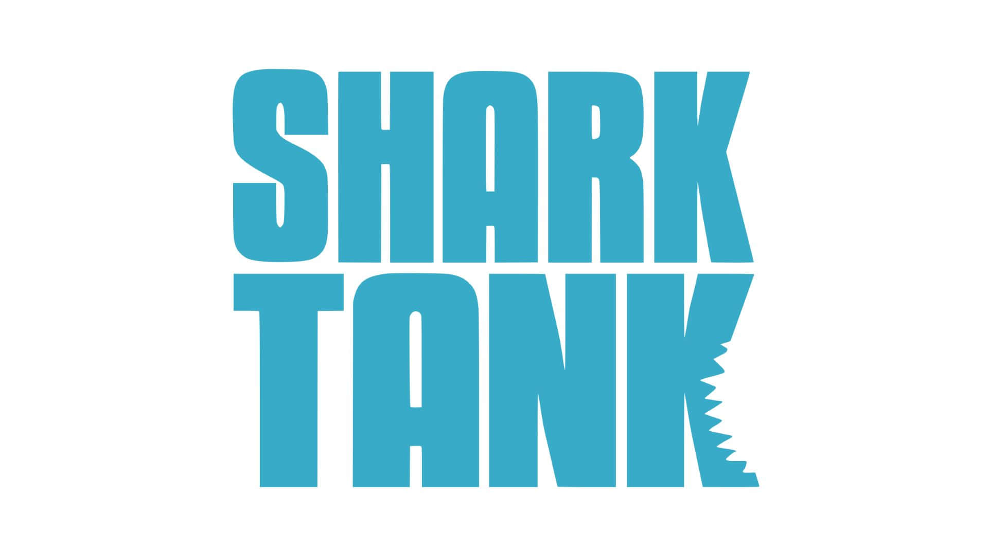  壁紙 — 白色背景上帶有鋸齒狀「K」的大膽青綠色「SHARK TANK」標誌。
