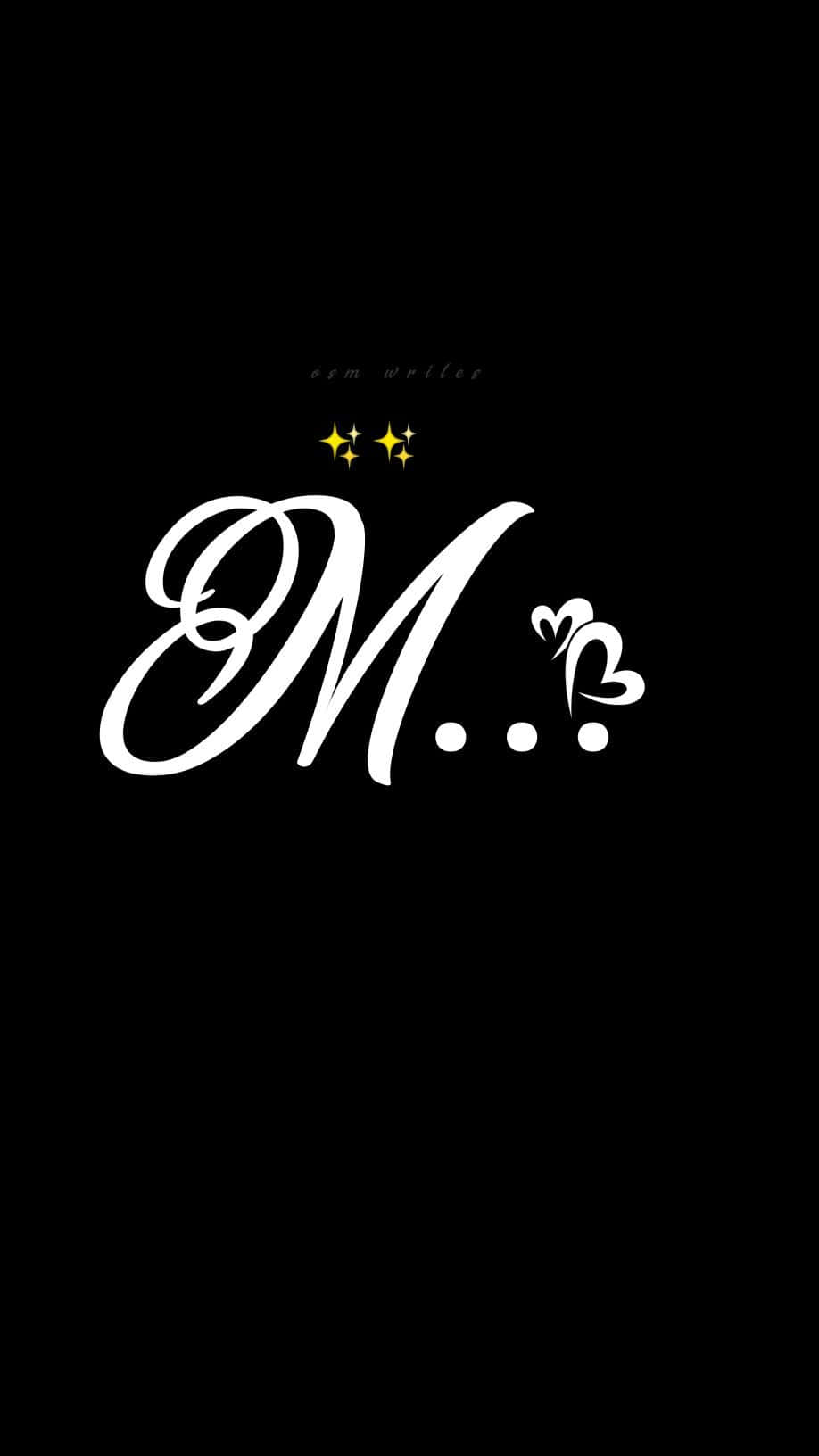 m 桌布 壁紙 — 一個大膽的白色草書「M」，帶有心形點和星星，在純黑色背景上發光。