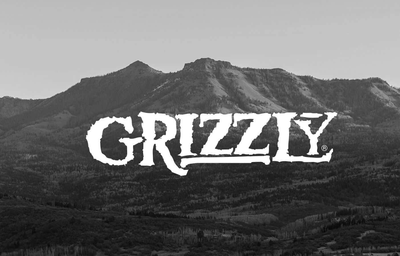  壁紙 — 粗體白色 'GRIZZLY' 標誌覆蓋在一個鮮明的黑白山脈上，山脈有紋理的山峰和森林覆蓋的斜坡。