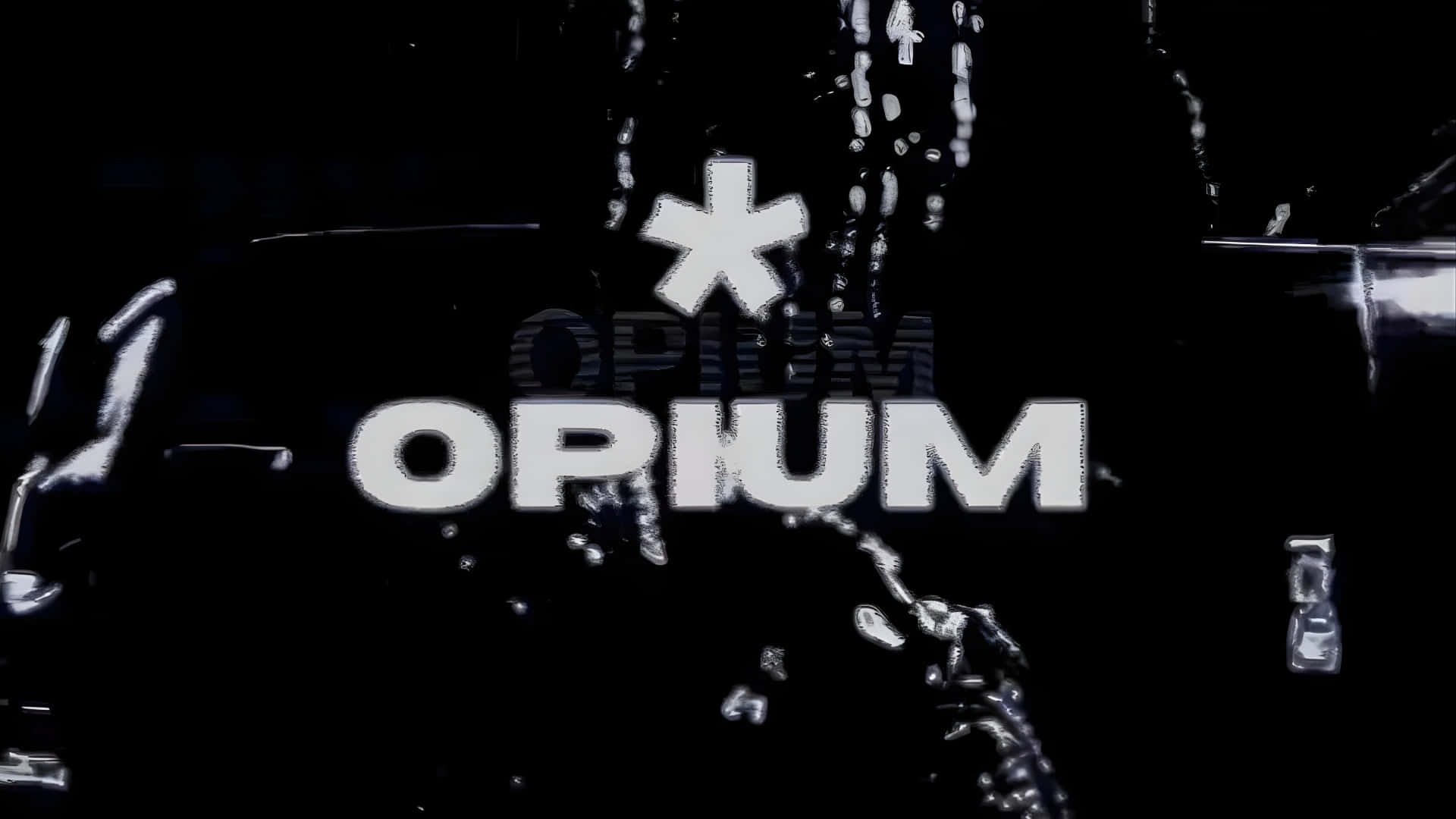  壁紙 — 粗體白色 'OPIMUM' 文字，上方有一顆星星，在黑色背景上滴落，帶有液體狀條紋。