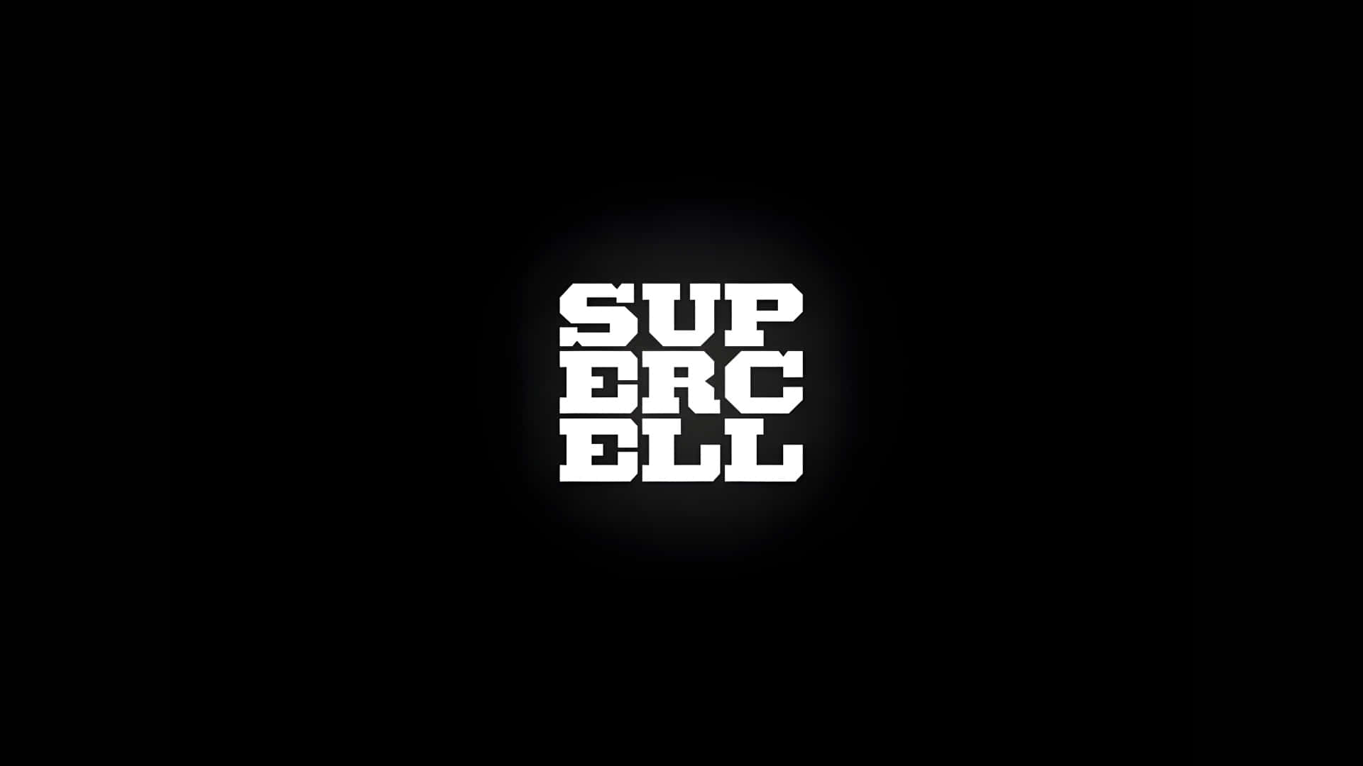  壁紙 — 大膽的白色Supercell標誌居中於黑色背景上，帶有柔和發光的光暈效果。