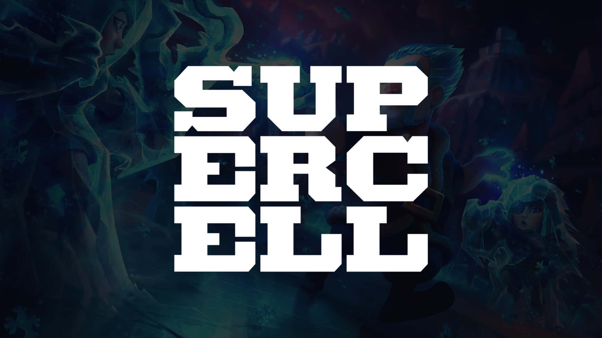  壁紙 — 大膽的白色Supercell標誌居中於陰暗藍綠色環境中的黑暗奇幻角色之上。