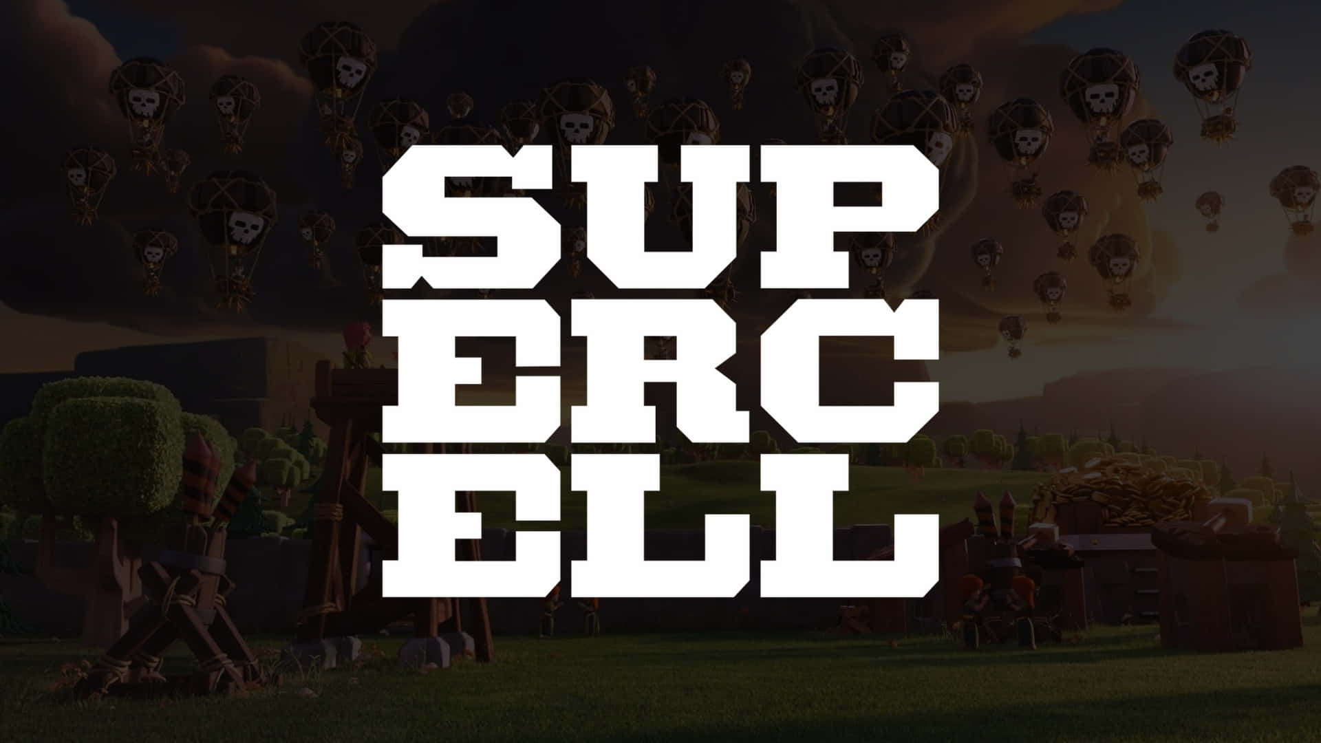  壁紙 — 大膽的白色Supercell標誌主導了一個昏暗的戰場，骷髏填充的熱氣球在塊狀地形上飄浮。