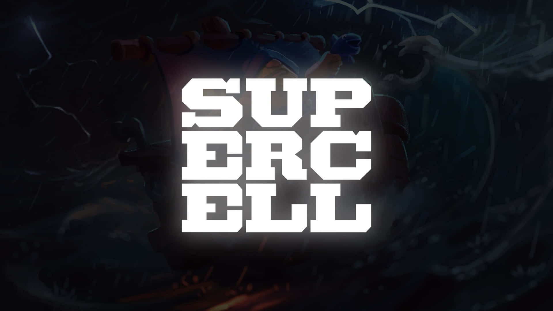  壁紙 — 大膽的白色Supercell標誌在黑暗風暴背景中發光，帶有模糊的卡通角色和閃電。