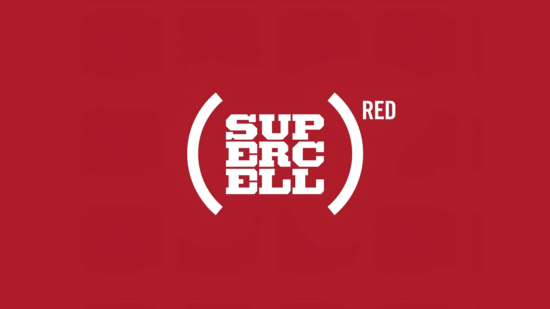  壁紙 — 大膽的白色Supercell標誌，帶括號和紅色文字，置於純紅色背景上。