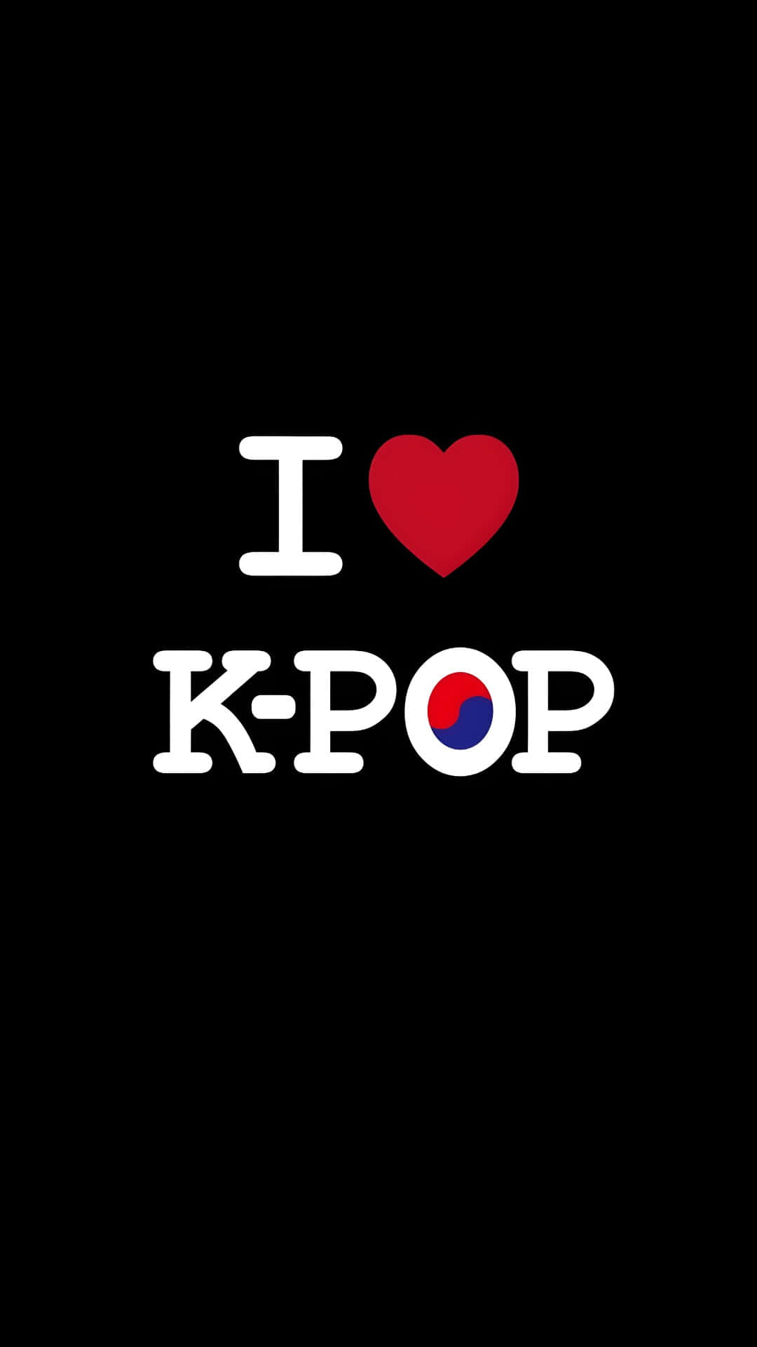  壁紙 — 粗體白色文字寫著 I heart K-POP，O 字內有紅色心形和韓國國旗，背景為黑色。