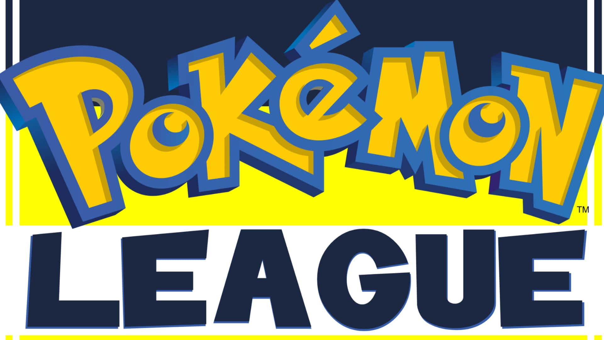  壁紙 — 大膽的黃色和藍色 Pokémon League 標誌，帶有 3D 字體，背景為黃白條紋。