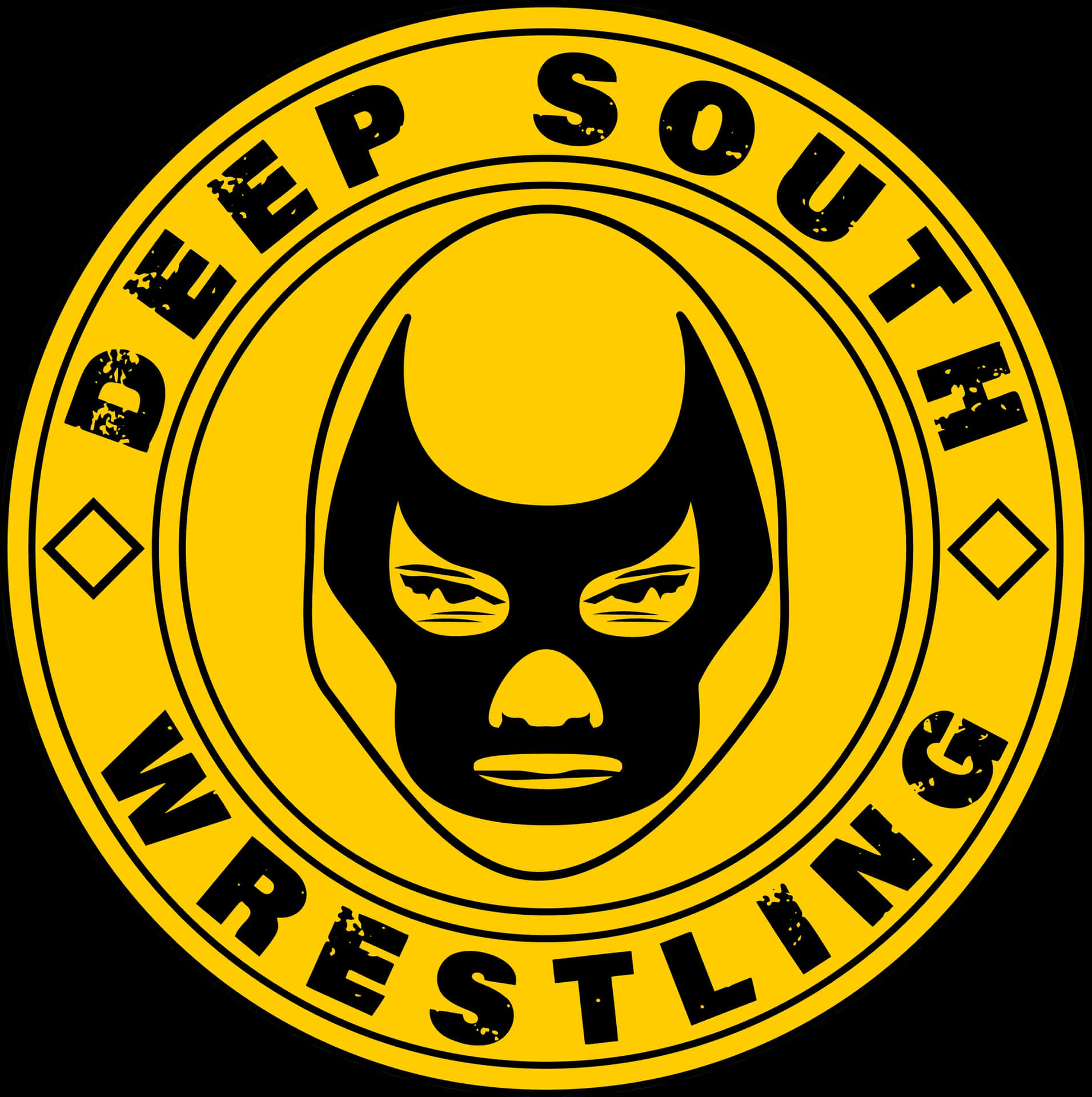  壁紙 — 大膽的黃色圓形標誌，帶有黑色摔角面具和「DEEP SOUTH WRESTLING」文字。