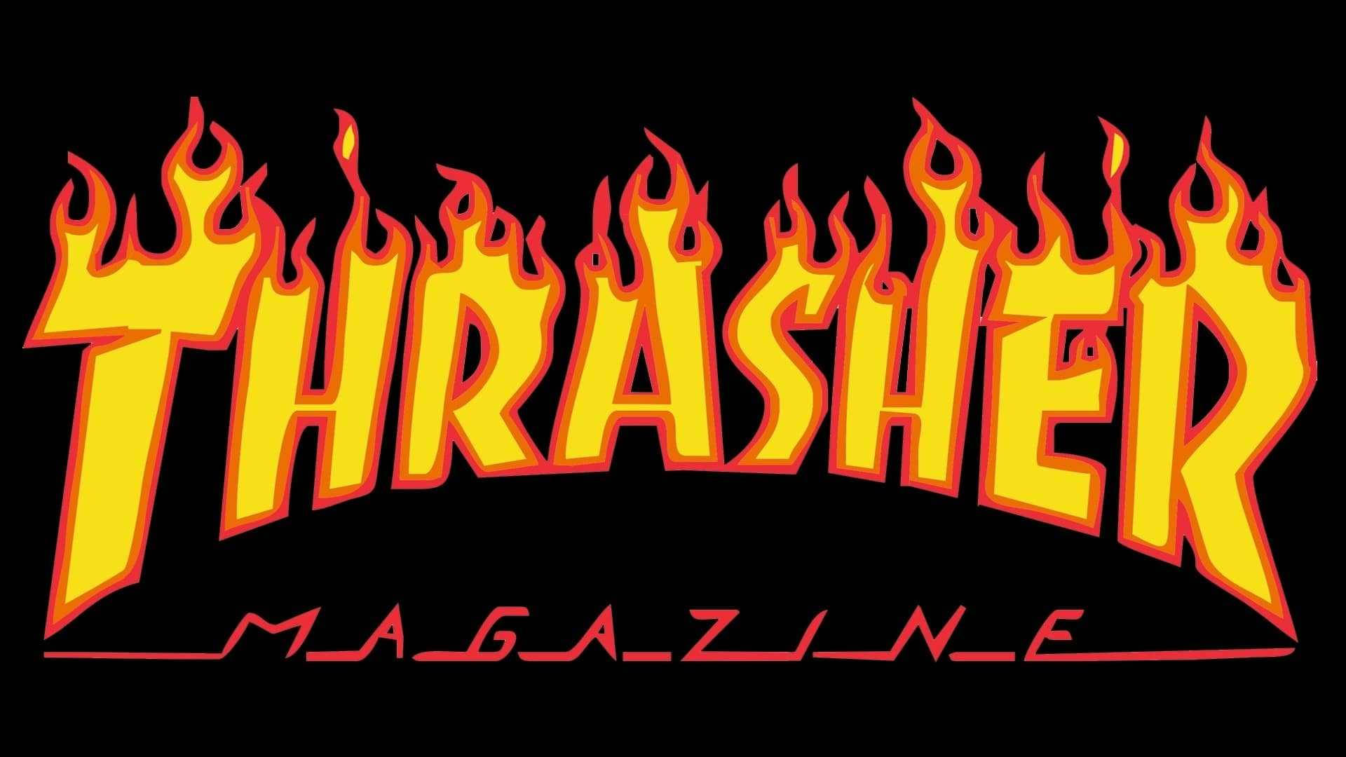 Thrasher 雜誌燃燒標誌 壁紙 — 在純黑色背景上，帶有紅色輪廓的醒目黃色火焰風格 THRASHER 標誌。