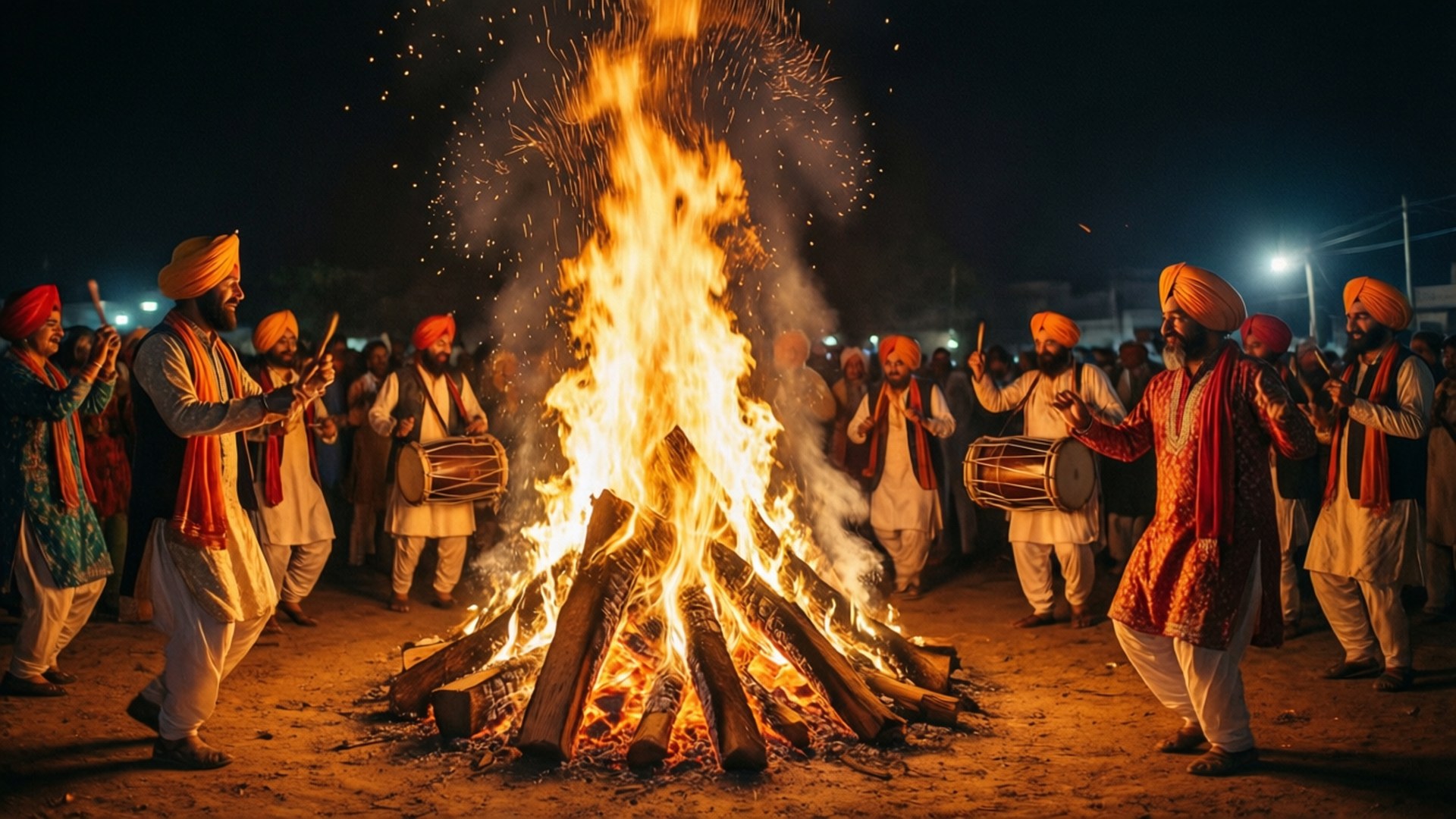 Men in turbans dance and play drums around a large bonfire at night. 壁紙