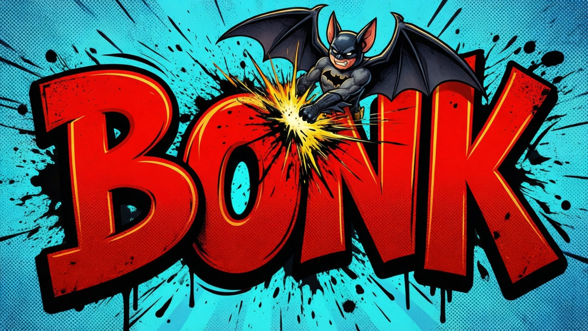 Bonk波普藝術 壁紙 — 蝙蝠俠衝破粗體紅色 'BONK' 文字，在鮮豔藍色漫畫背景上產生爆炸性黃色衝擊。