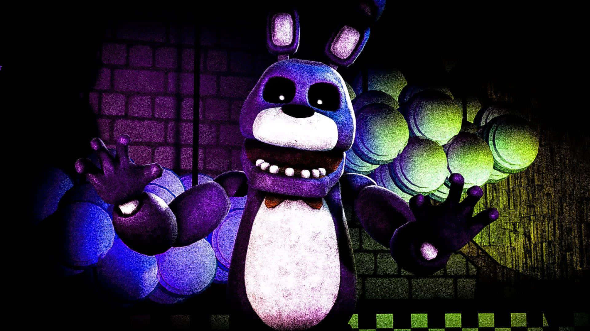 Bonnie The Bunny - 遊戲迷的喜愛 壁紙 — 一隻帶有發光眼睛和尖銳牙齒的威脅性紫色兔子電子動畫，站在一個黑暗的磚房裡，伴隨著詭異的綠色和藍色燈光。