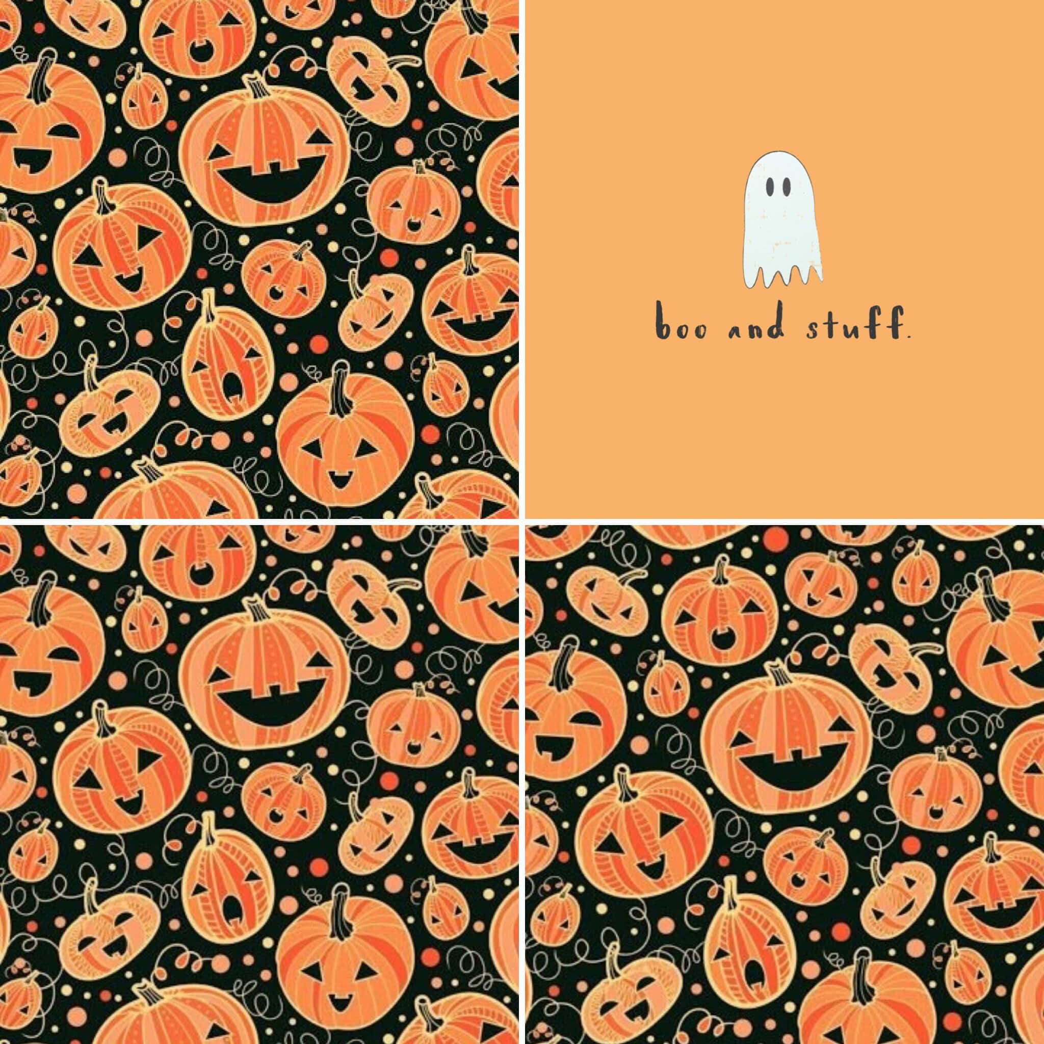 南瓜燈 Boo And Stuff 壁紙 — 一個節日氣氛的萬聖節牆紙拼貼，以黑色背景上歡樂的橙色南瓜燈、鬼魂和橙色文字為特色。