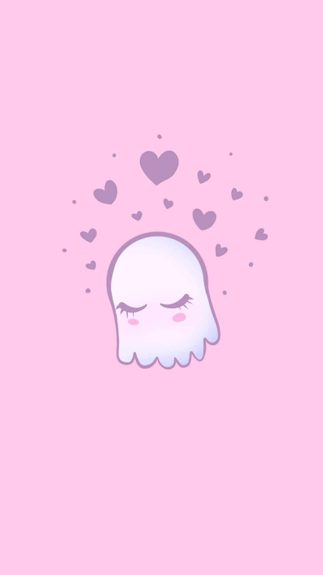 Boo And Stuff 心形圖案 壁紙 — 一個可愛的白色幽靈，閉著眼睛，臉頰泛紅，漂浮在柔和的粉紅色背景上，周圍環繞著紫色心形。