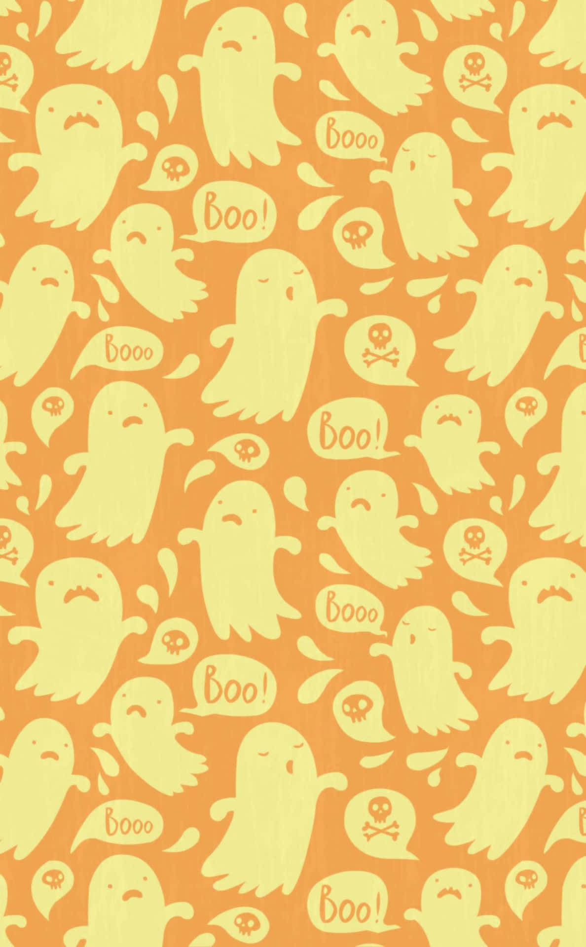 橙色背景上重複出現淡黃色卡通鬼魂說 boo 和骷髏頭。
