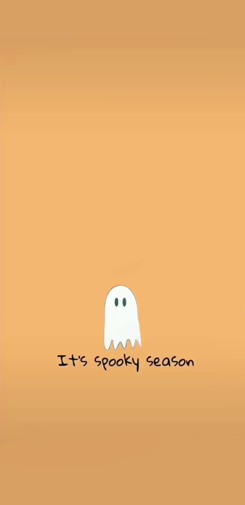 一個白色卡通鬼魂，有兩隻眼睛，在橙色背景上，文字為spooky season。