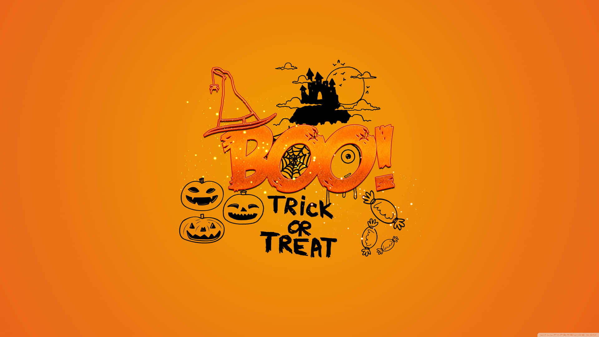 橙色背景上帶有BOO trick or treat和恐怖圖標的萬聖節圖形
