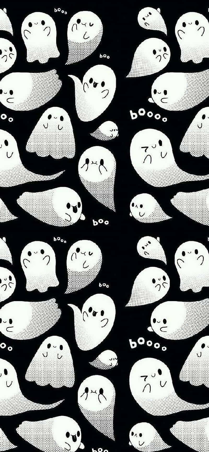 「boo，是我！」 壁紙 — 一款俏皮的黑白壁紙，上面有可愛的卡通鬼魂和「boo」文字，散落在點狀背景上。