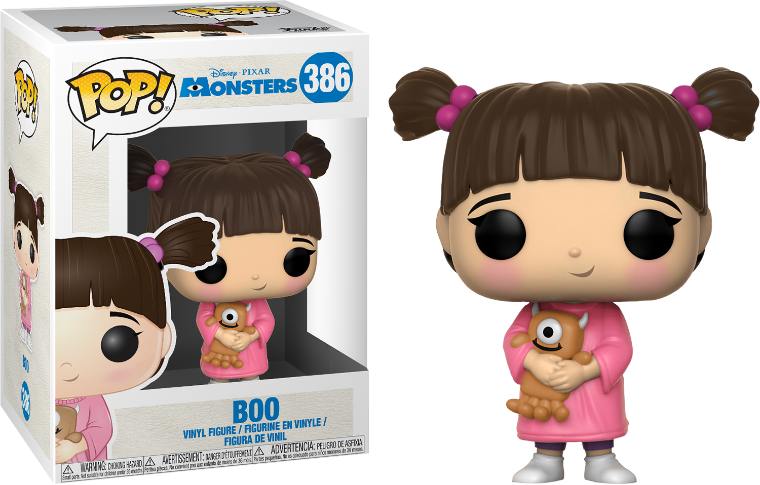 怪獸公司 Boo Funko Pop 壁紙 — 一個粉紅色衣服的Boo Funko Pop！乙烯基公仔喺零售盒旁邊抱住佢嘅細小怪獸同伴。