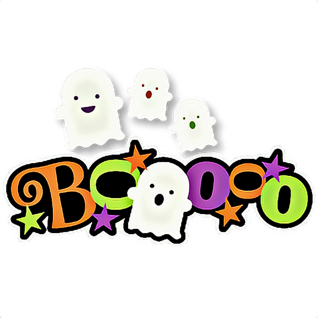 萬聖節幽靈與「Boo」圖案 壁紙 — 四個可愛的卡通鬼魂漂浮在色彩繽紛的恐怖字母「BOO」上方，背景為黑色，並有星星點綴。
