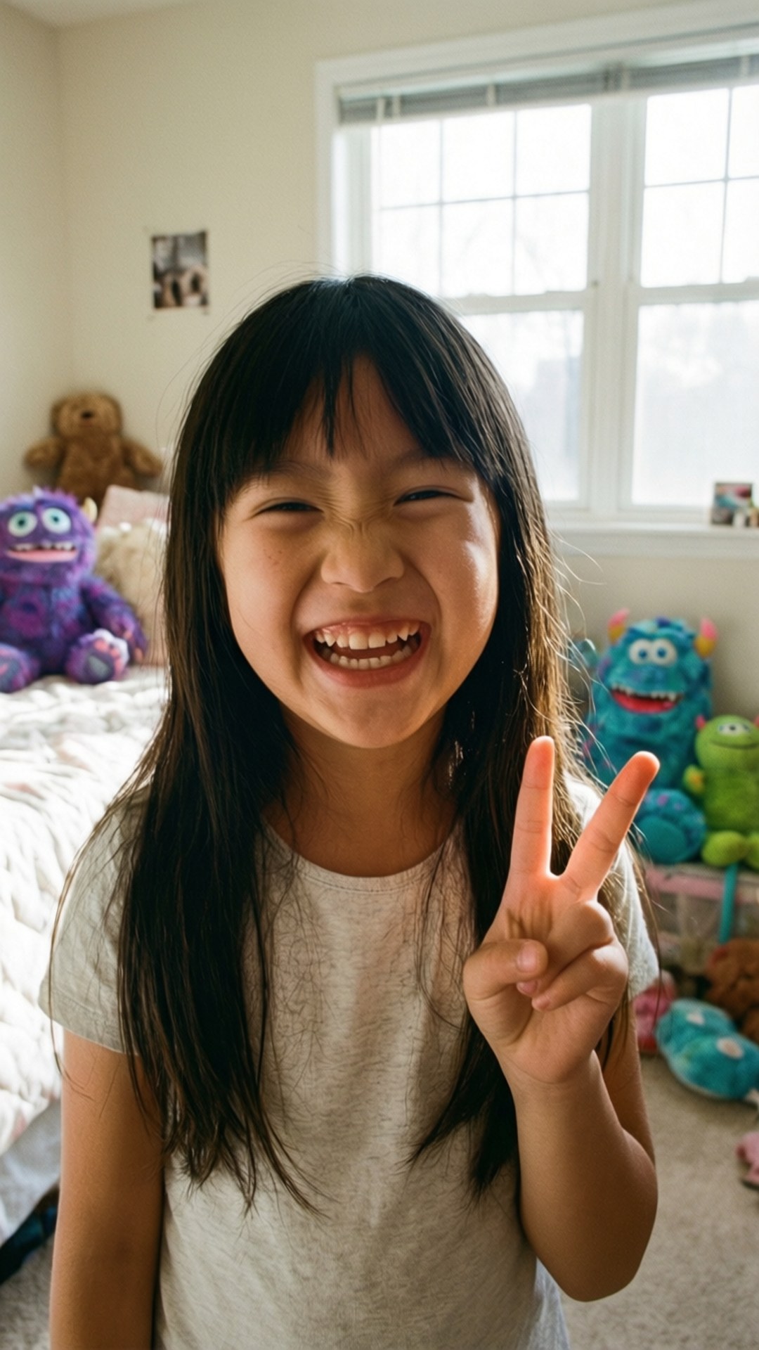 一個微笑的女孩在她的臥室裡做出和平手勢，身後有毛絨怪物和一扇窗戶。