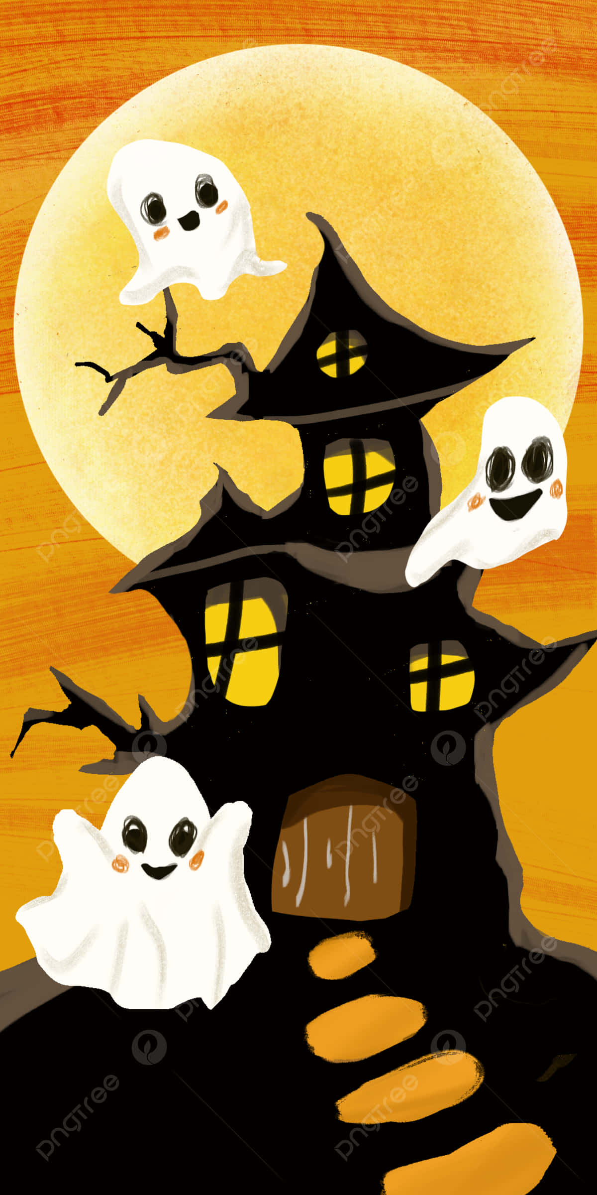 「boo！你會期待誰出現？」 壁紙 — 三個可愛微笑的鬼魂在發光的橙色滿月下漂浮在一個陰森的黑色的鬼屋周圍。