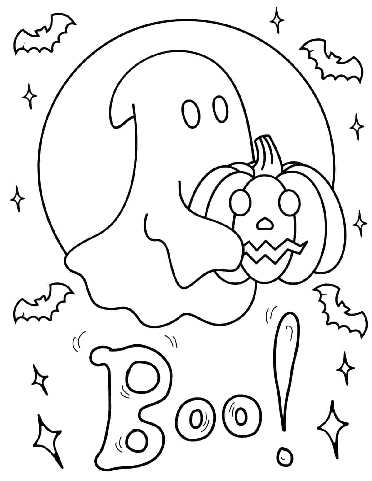 「Boo!」幽靈萬聖節塗色圖 壁紙 — 一個可愛的鬼魂在彎月下拿著南瓜燈，周圍有蝙蝠和星星，還有「Boo!」這個詞。