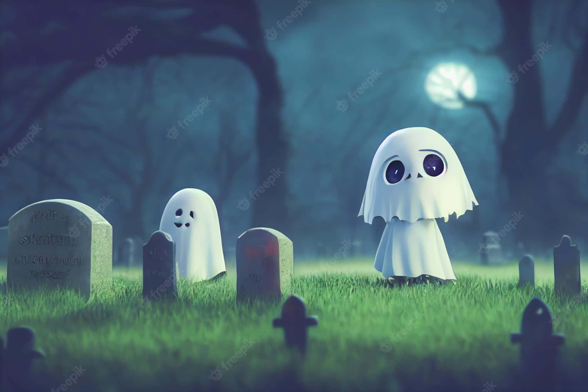 「boo！連幽靈也需要愛」 壁紙 — 兩個可愛的大眼卡通鬼魂站在霧氣瀰漫、月光照耀的墓園墓碑之間。