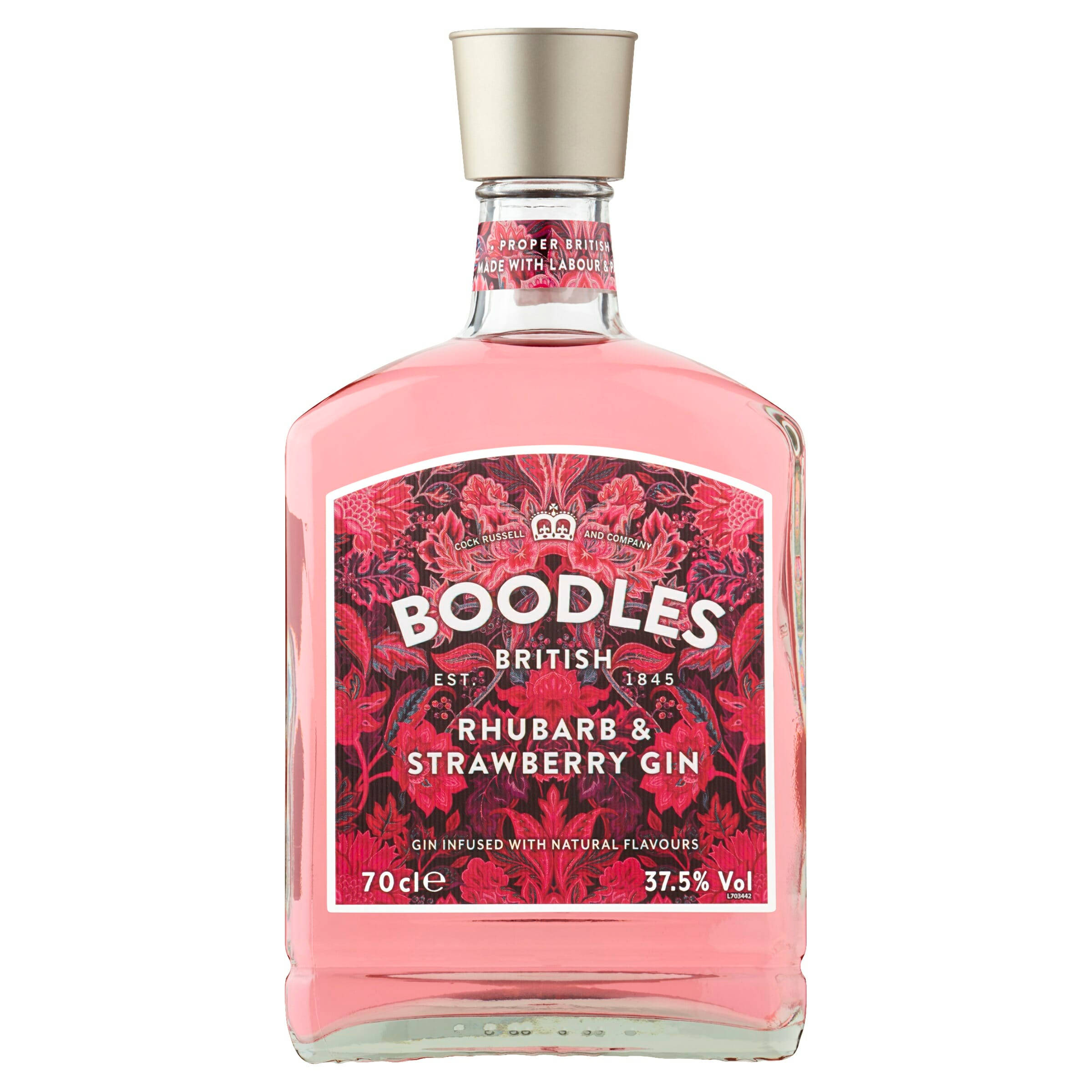 Boodles薔薇與草莓粉紅瓶 壁紙 — 一個充滿活力的粉紅色Boodles Rhubarb & Strawberry Gin酒瓶，帶有豐富的紅色花卉標籤和銀色瓶蓋，背景為純白色。