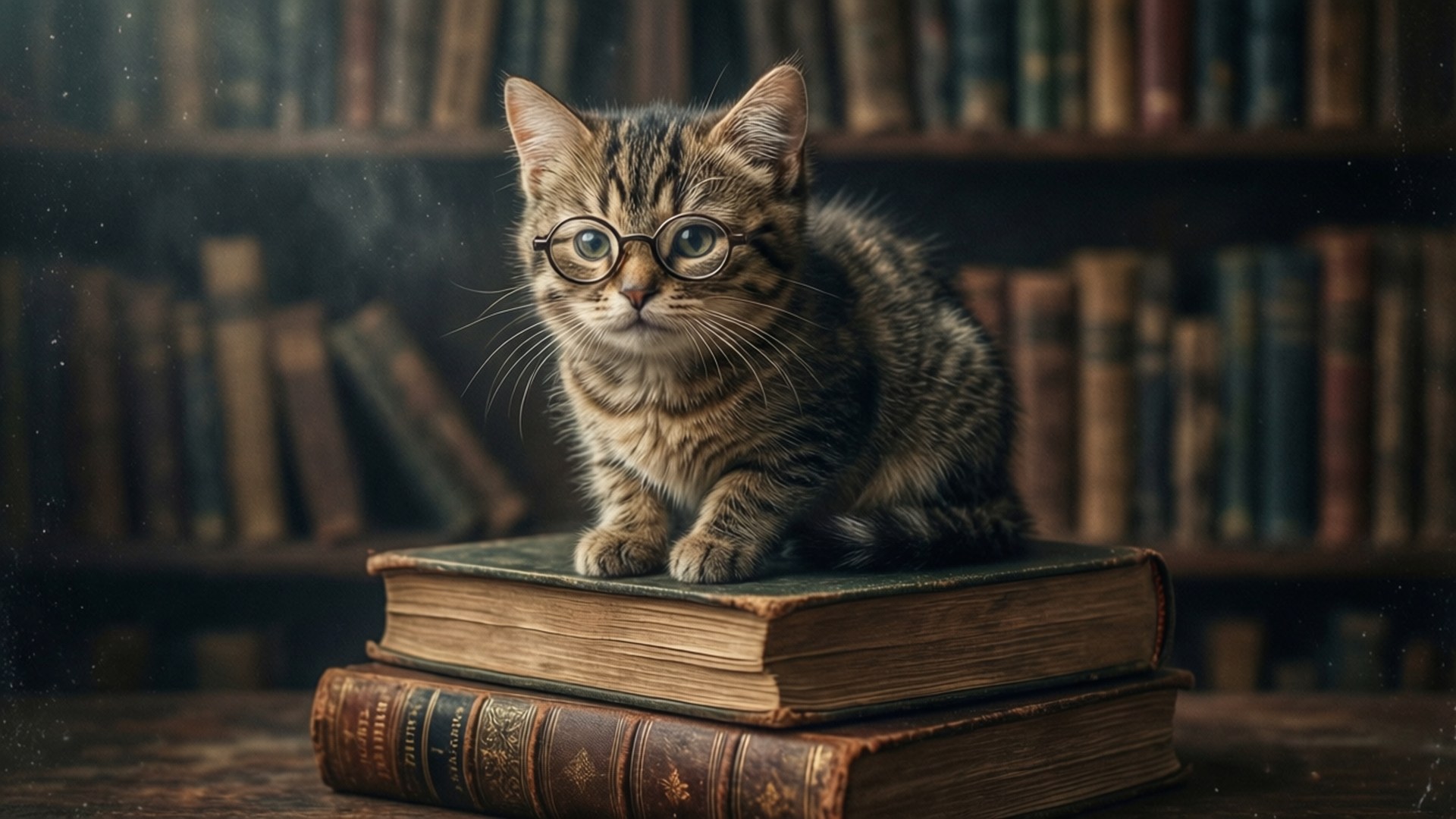 一隻戴眼鏡的虎斑貓棲息在圖書館環境中疊起的舊書上。