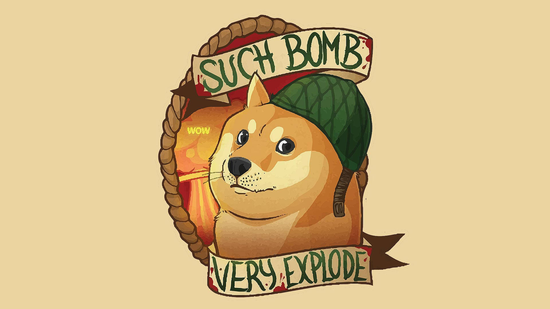 卡通狗戴綠色頭盔，橫幅寫有「such bomb」和「very explode」。